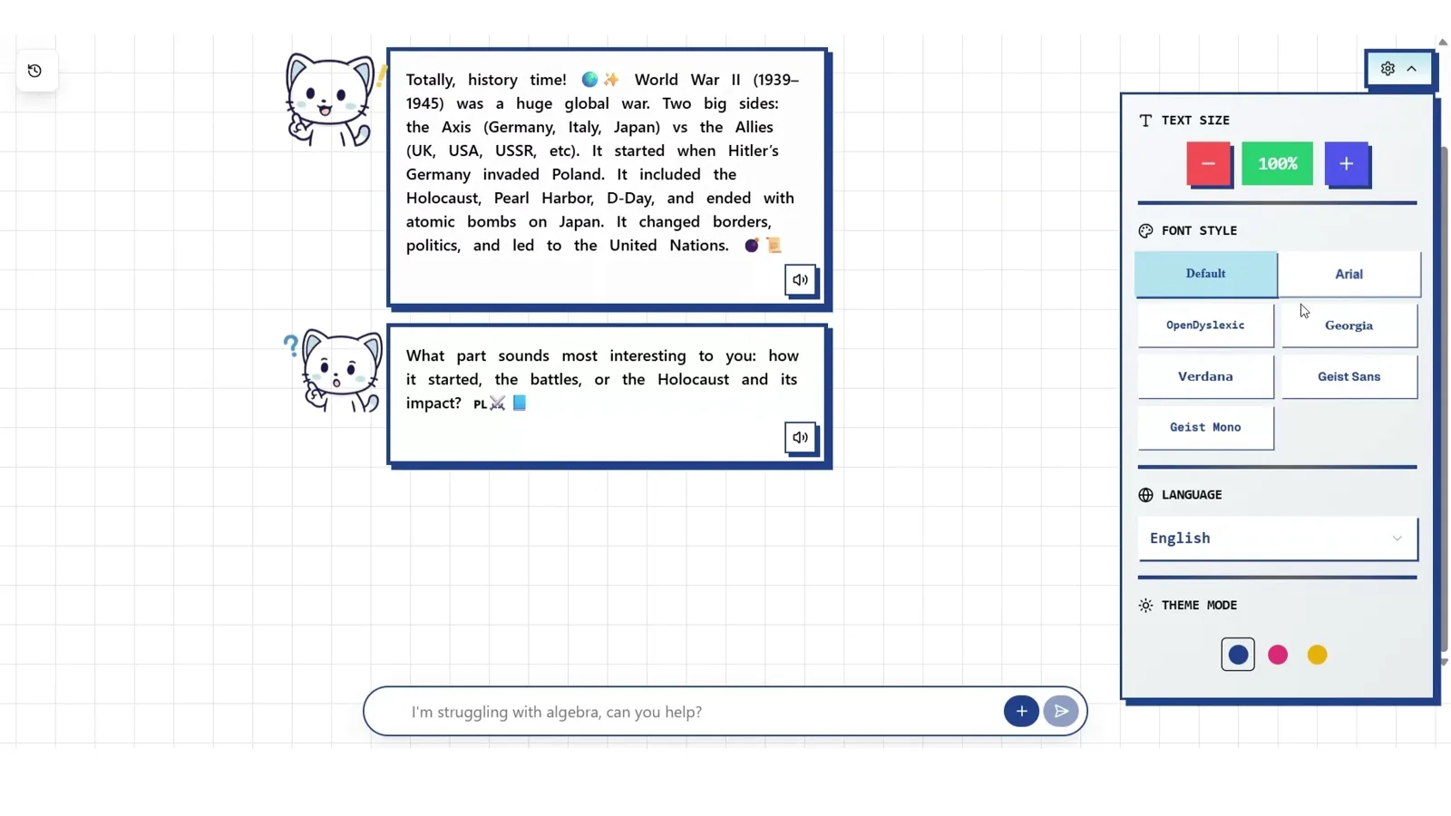AI tutor conversation alongside controls for text size, font, language, and visual theme