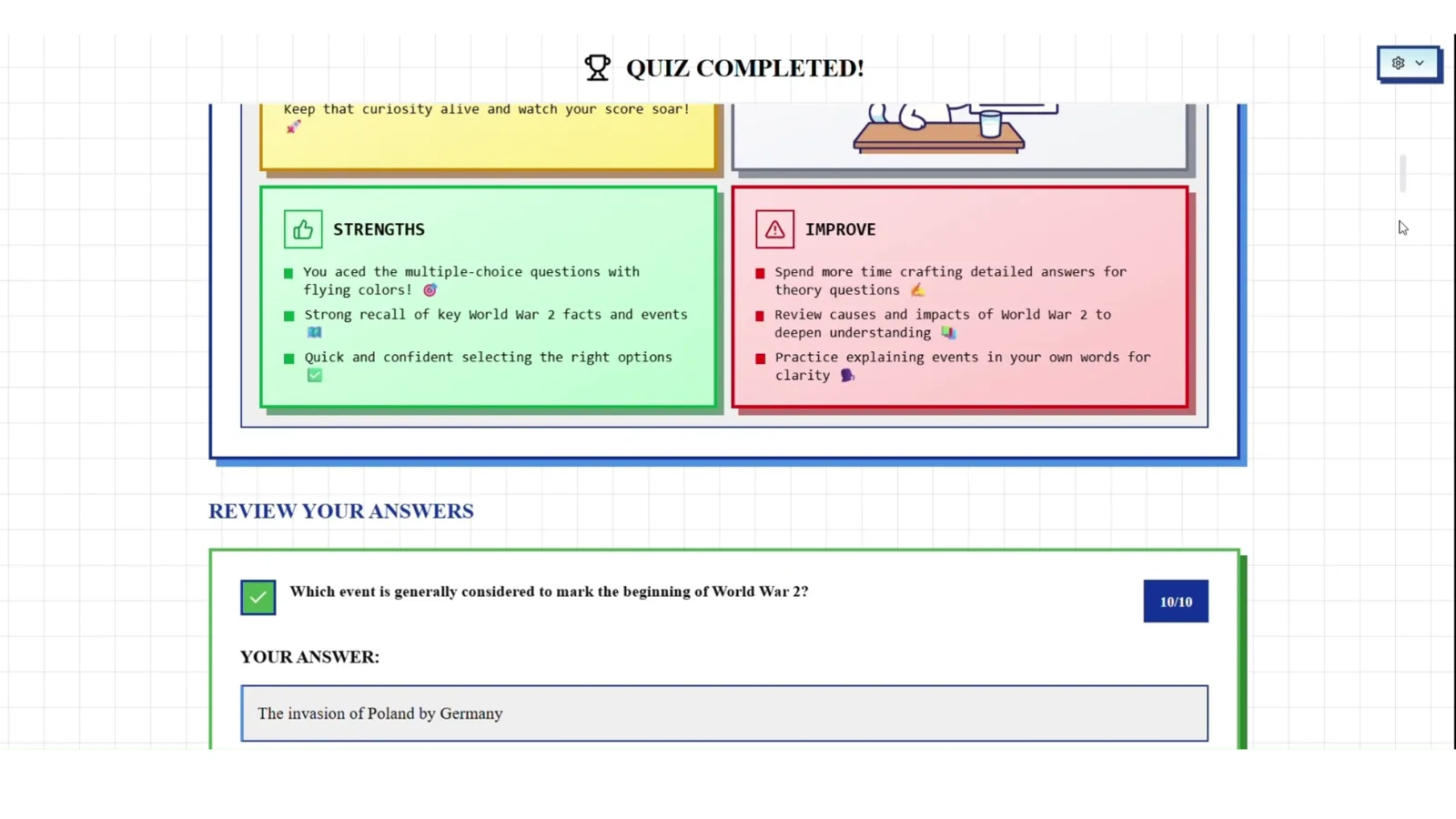Completed quiz showing strengths, improvement areas, and reviewed answers
