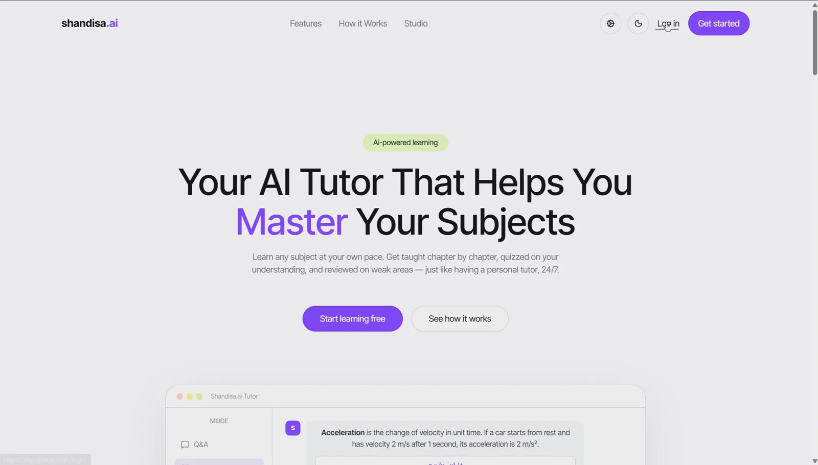 Landing page for the AI tutoring product with navigation, learning actions, and a tutor interface preview